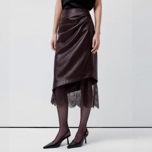 Lace Panel Faux Leather Midi Pencil Skirt