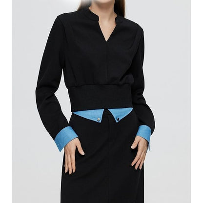 Two-Tone T-Shirt & Pencil Skirt Set - V-Neck, High Rise