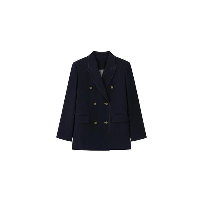 Denim Blazer & Pleated Skirt Set - Double-Breasted, High Waist
