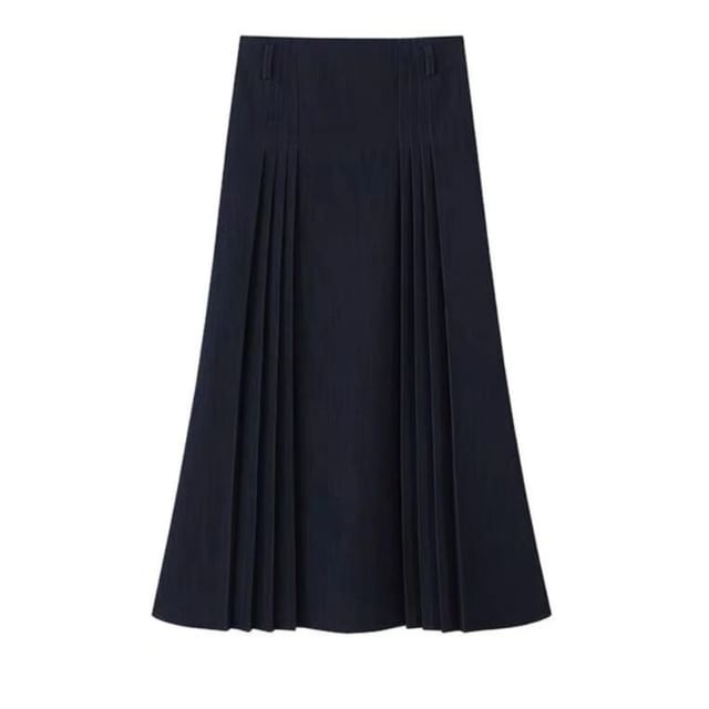 Denim Blazer & Pleated Skirt Set - Double-Breasted, High Waist