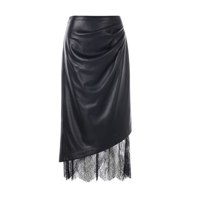 Lace Panel Faux Leather Midi Pencil Skirt