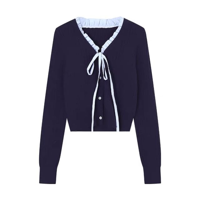 V-Neck Ruffle Trim Cardigan & High Waist Mini Pleated Skirt