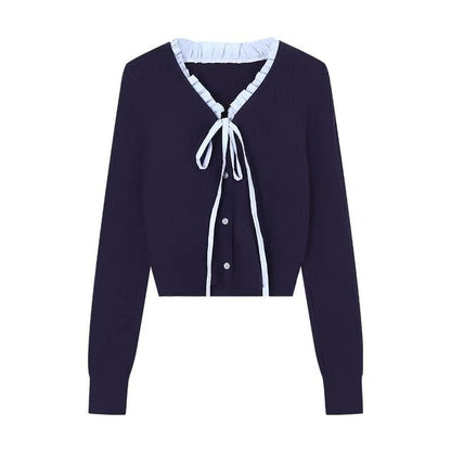 V-Neck Ruffle Trim Cardigan & High Waist Mini Pleated Skirt