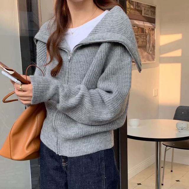 Sailor Collar Zip-Up Plain Cardigan