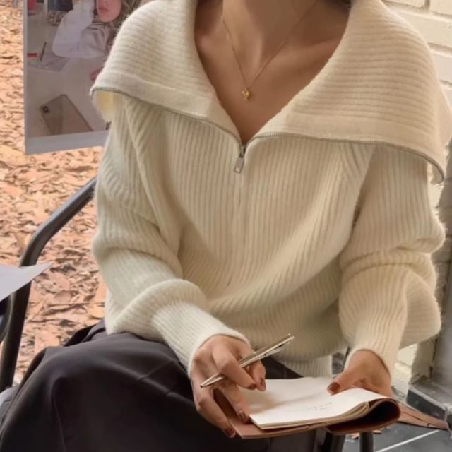 Sailor Collar Zip-Up Plain Cardigan