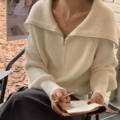 Sailor Collar Zip-Up Plain Cardigan