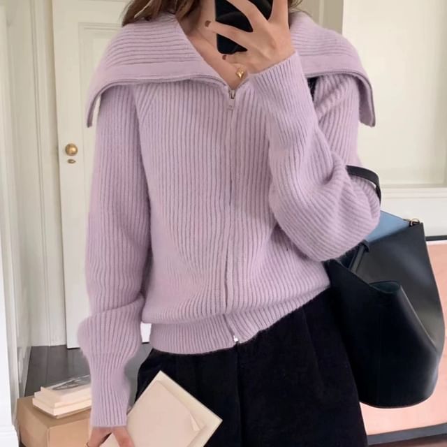 Sailor Collar Zip-Up Plain Cardigan