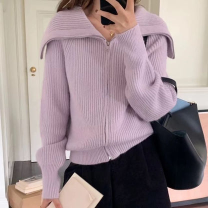 Sailor Collar Zip-Up Plain Cardigan