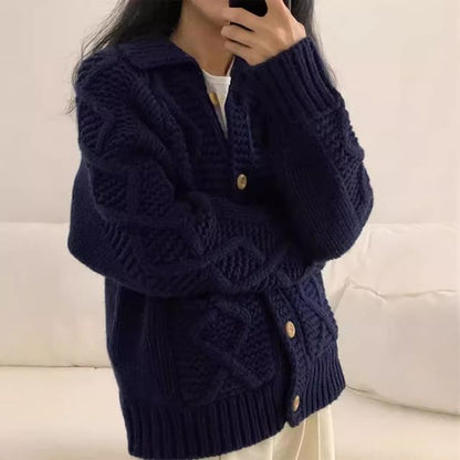 Collared Button-Up Plain Chunky Knit Cardigan