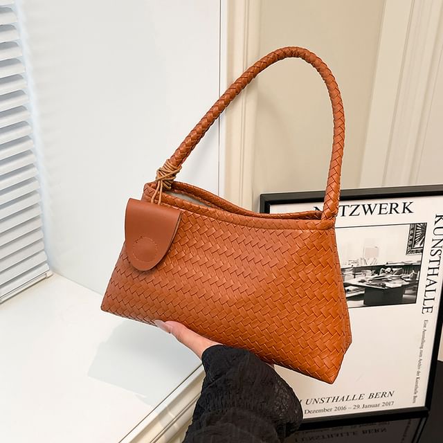 Set: Plain Woven Faux Leather Shoulder Bag + Pouch