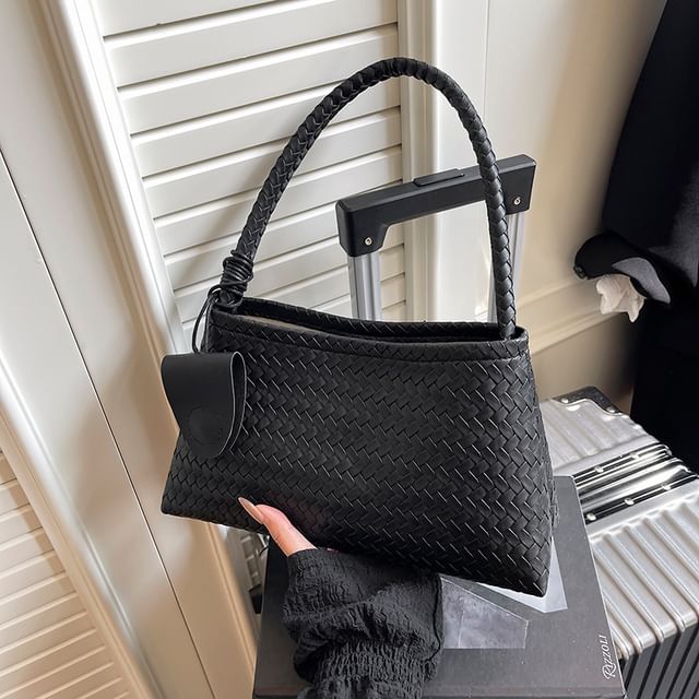 Set: Plain Woven Faux Leather Shoulder Bag + Pouch