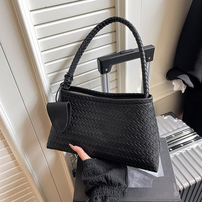 Set: Plain Woven Faux Leather Shoulder Bag + Pouch