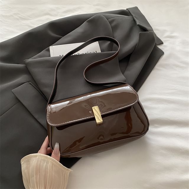 Plain Patent Leather Flap Shoulder Bag