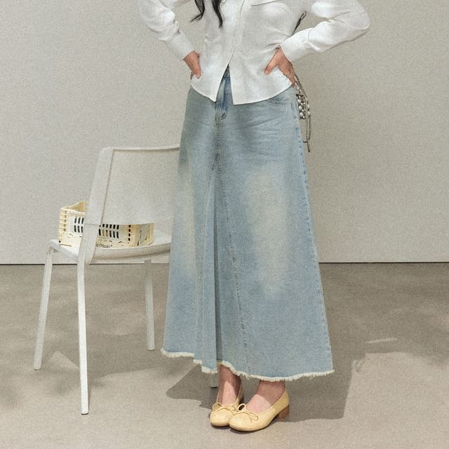Long-Sleeve Cold-Shoulder Plain Lace Trim Blouse / High Rise Fringed Washed Denim Midi A-Line Skirt