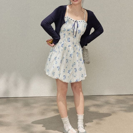 Plus Size Spaghetti Strap Floral Mini A-Line Dress /  Plain Cardigan