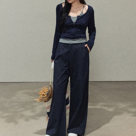 Plus Size Long-Sleeve Mock Two Piece Tee / High Rise Plain Wide Leg Pants