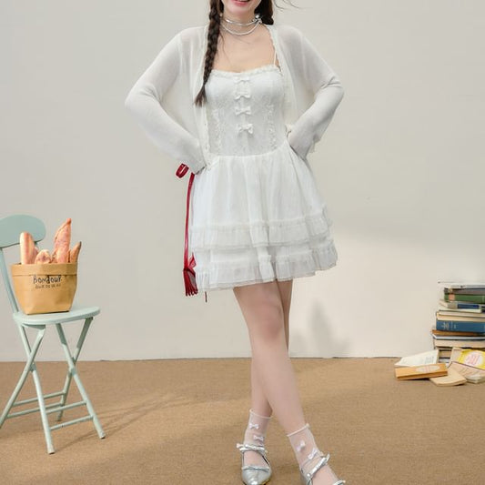 Plus Size Spaghetti Strap Plain Mini A-Line Dress / Plain Cardigan