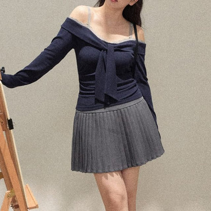 Plus Size Long-Sleeve Off Shoulder Plain Top / High Waist Mini Plain Skirt