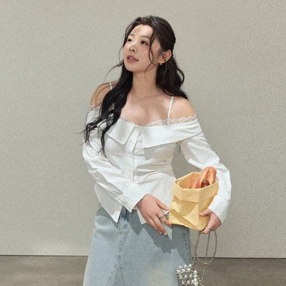 Long-Sleeve Cold-Shoulder Plain Lace Trim Blouse / High Rise Fringed Washed Denim Midi A-Line Skirt