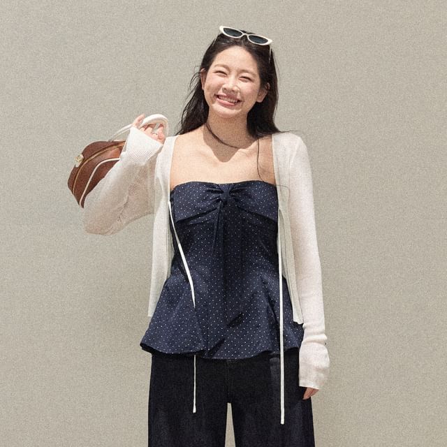 Dotted Peplum Tube Top / Plain Tie Front Cardigan / High Waist Wide Leg Jeans