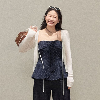 Dotted Peplum Tube Top / Plain Tie Front Cardigan / High Waist Wide Leg Jeans