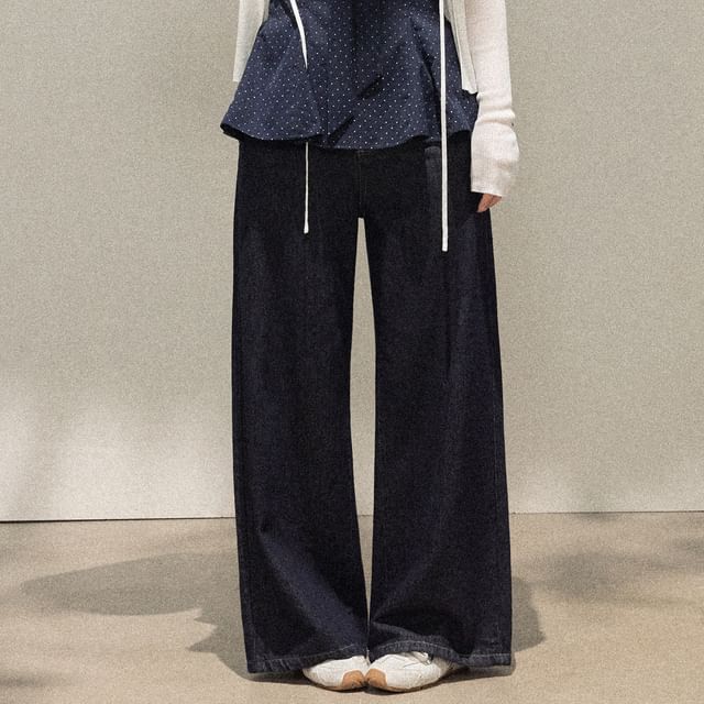 Dotted Peplum Tube Top / Plain Tie Front Cardigan / High Waist Wide Leg Jeans