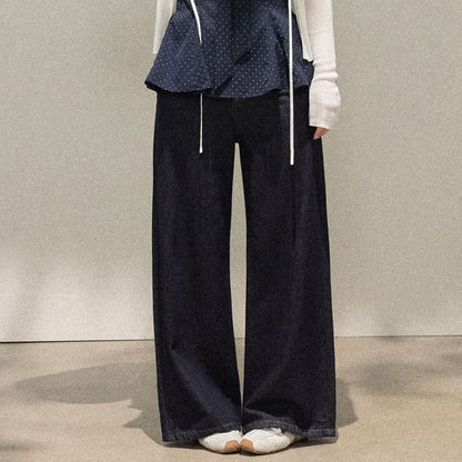 Dotted Peplum Tube Top / Plain Tie Front Cardigan / High Waist Wide Leg Jeans