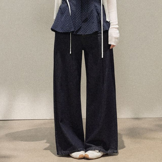 Dotted Peplum Tube Top / Plain Tie Front Cardigan / High Waist Wide Leg Jeans