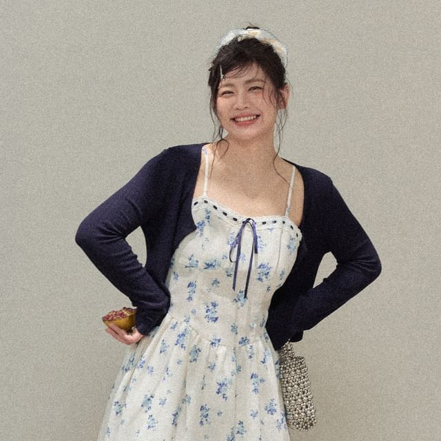 Plus Size Spaghetti Strap Floral Mini A-Line Dress /  Plain Cardigan