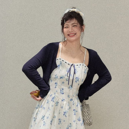 Plus Size Spaghetti Strap Floral Mini A-Line Dress /  Plain Cardigan