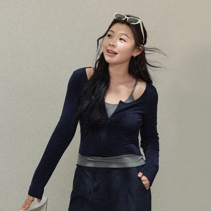 Plus Size Long-Sleeve Mock Two Piece Tee / High Rise Plain Wide Leg Pants