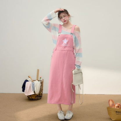Star Embroidered Loose Fit Overalls / Midi A-Line Overall Dress /  Long-Sleeve Boat Neck T-Shirt / Crew Neck Color Block Sweater