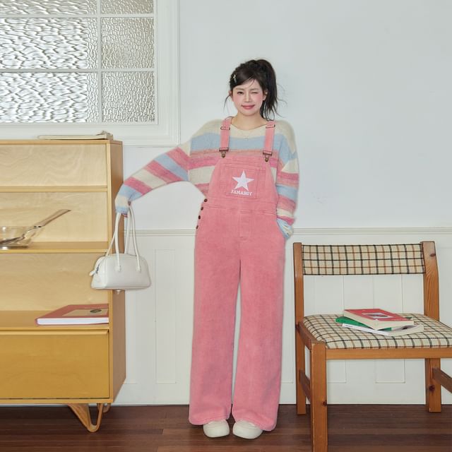 Star Embroidered Loose Fit Overalls / Midi A-Line Overall Dress /  Long-Sleeve Boat Neck T-Shirt / Crew Neck Color Block Sweater
