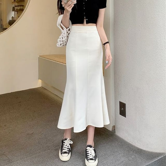 High Waist Solid Midi A-Line Skirt