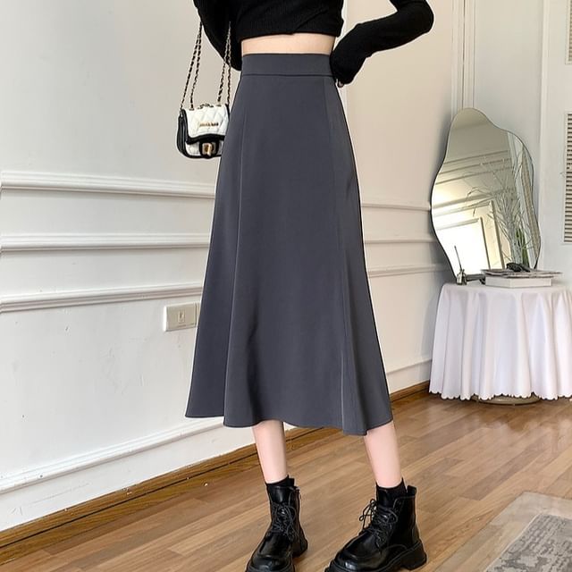 High Waist Solid Midi A-Line Skirt