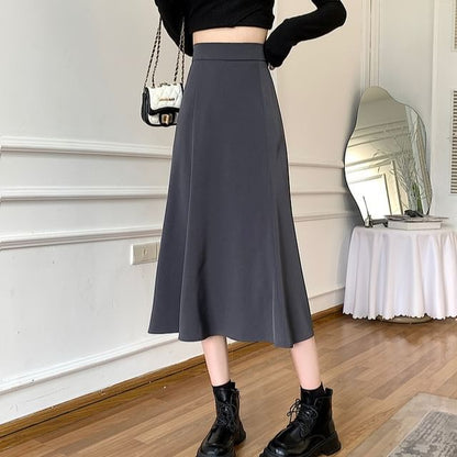 High Waist Solid Midi A-Line Skirt