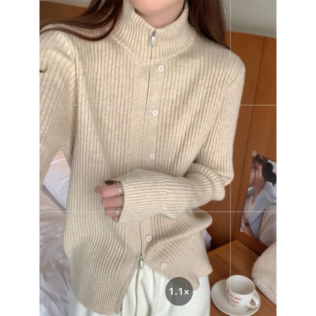 Long Sleeve Plain Ribbed-Knit Slim-Fit Cardigan