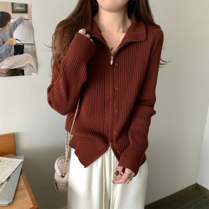 Long Sleeve Plain Ribbed-Knit Slim-Fit Cardigan