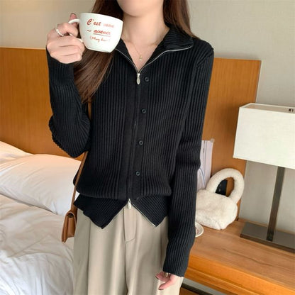Long Sleeve Plain Ribbed-Knit Slim-Fit Cardigan