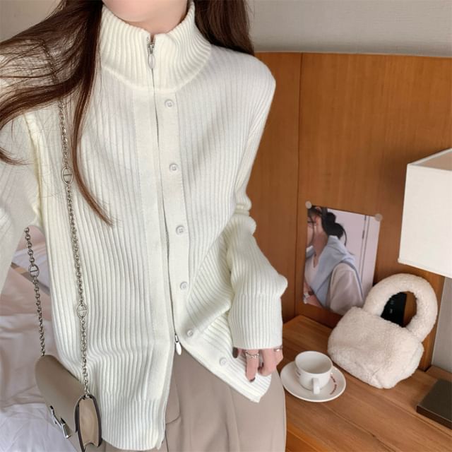 Long Sleeve Plain Ribbed-Knit Slim-Fit Cardigan
