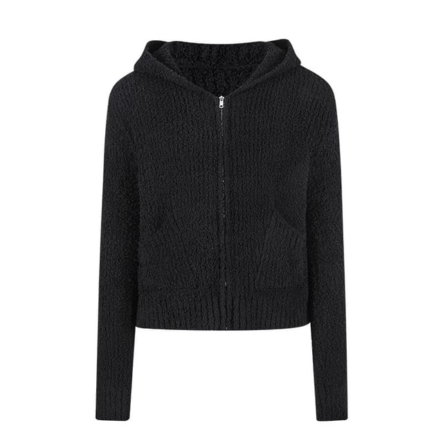 Long Sleeve V-Neck Plain Hooded Zip-Up Cardigan