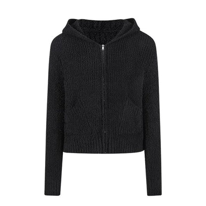 Long Sleeve V-Neck Plain Hooded Zip-Up Cardigan