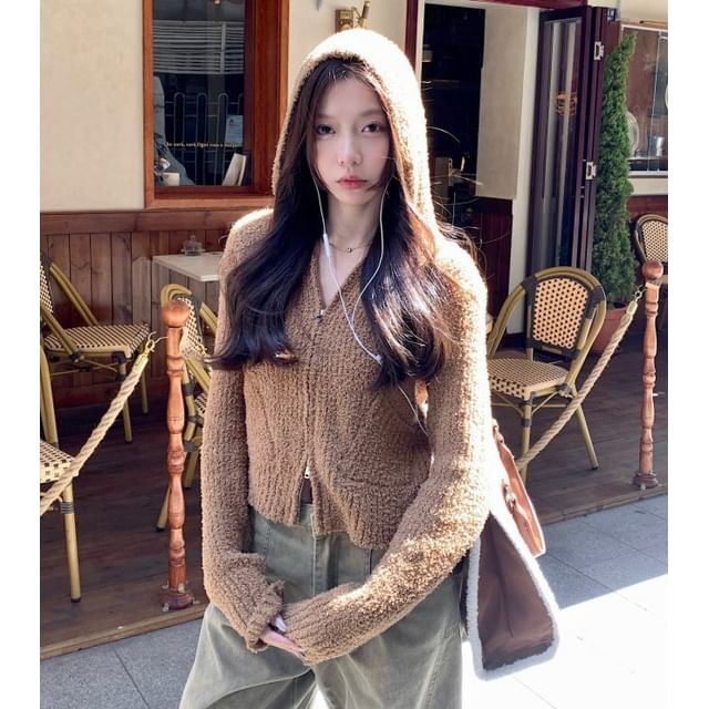 Long Sleeve V-Neck Plain Hooded Zip-Up Cardigan