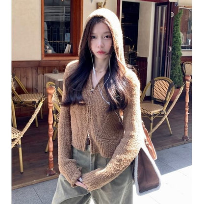 Long Sleeve V-Neck Plain Hooded Zip-Up Cardigan