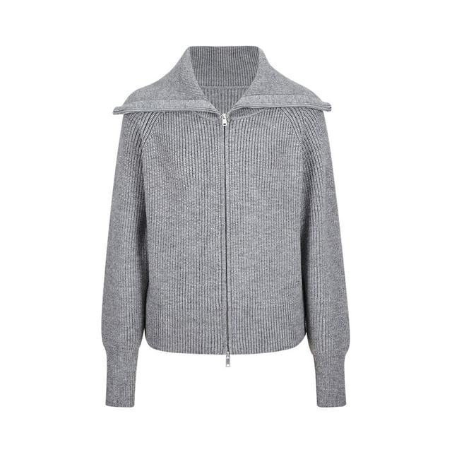 Long Sleeve Collared Plain Zip-Up Cardigan