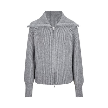 Long Sleeve Collared Plain Zip-Up Cardigan