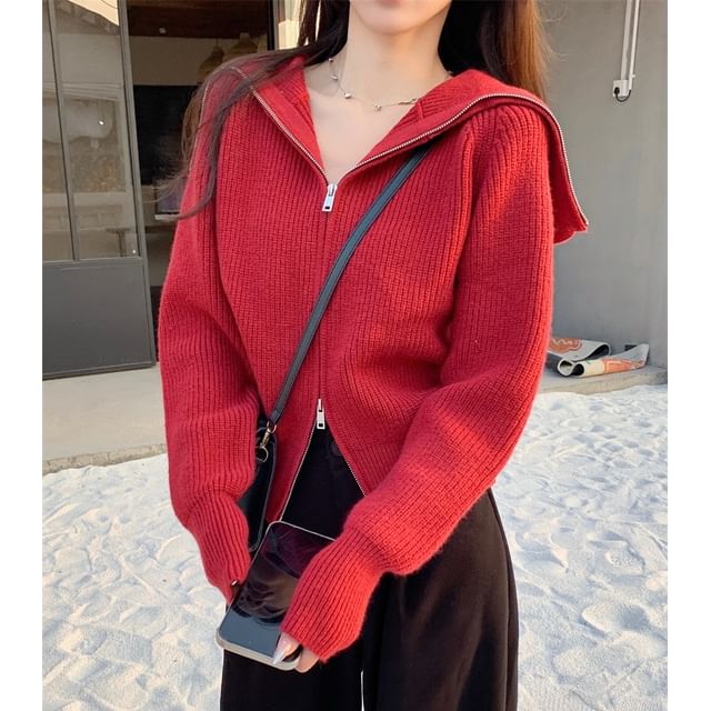 Long Sleeve Collared Plain Zip-Up Cardigan