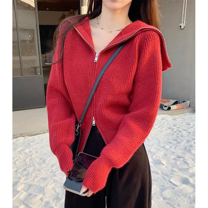 Long Sleeve Collared Plain Zip-Up Cardigan