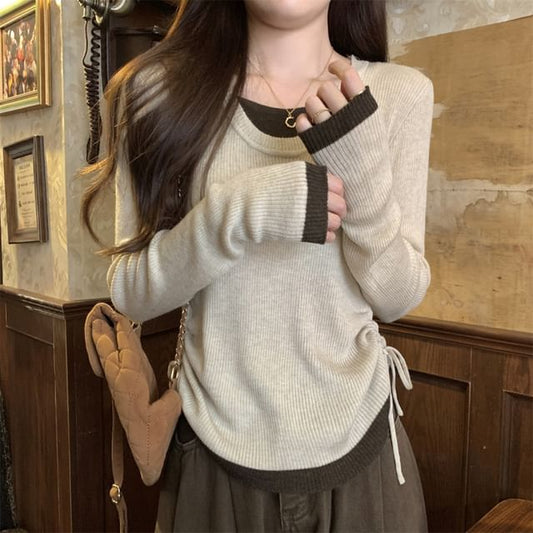 Long Sleeve Mock Two-Piece Color-Block Knit Top with Drawstring