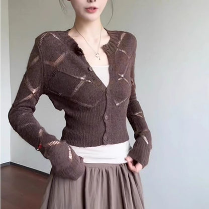 Long Sleeve V-Neck Argyle Slim-Fit Crop Cardigan